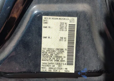 2015 Nissan Altima 2.5 S z USA, uszkodzony, nr VIN 1N4AL3AP9FC588714